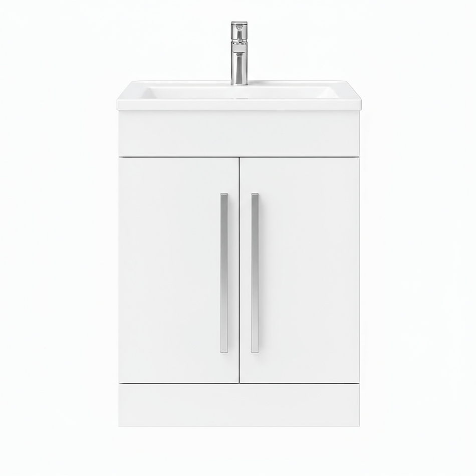 Gloss White 600mm Floor Standing Vanity Unit with Ceramic Basin & Chrome Handles
