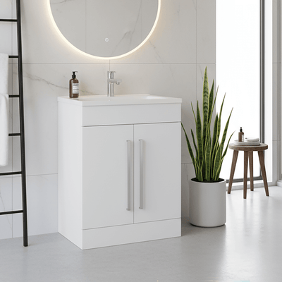 Gloss White 600mm Floor Standing Vanity Unit with Ceramic Basin & Chrome Handles
