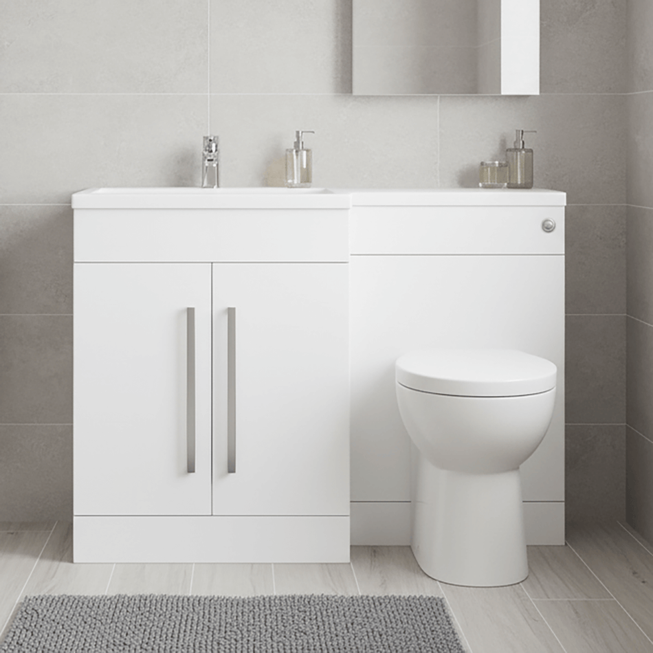 Gloss White (LH) Combination Basin WC Unit & Bilo BTW Toilet 1100mm Chrome Handles