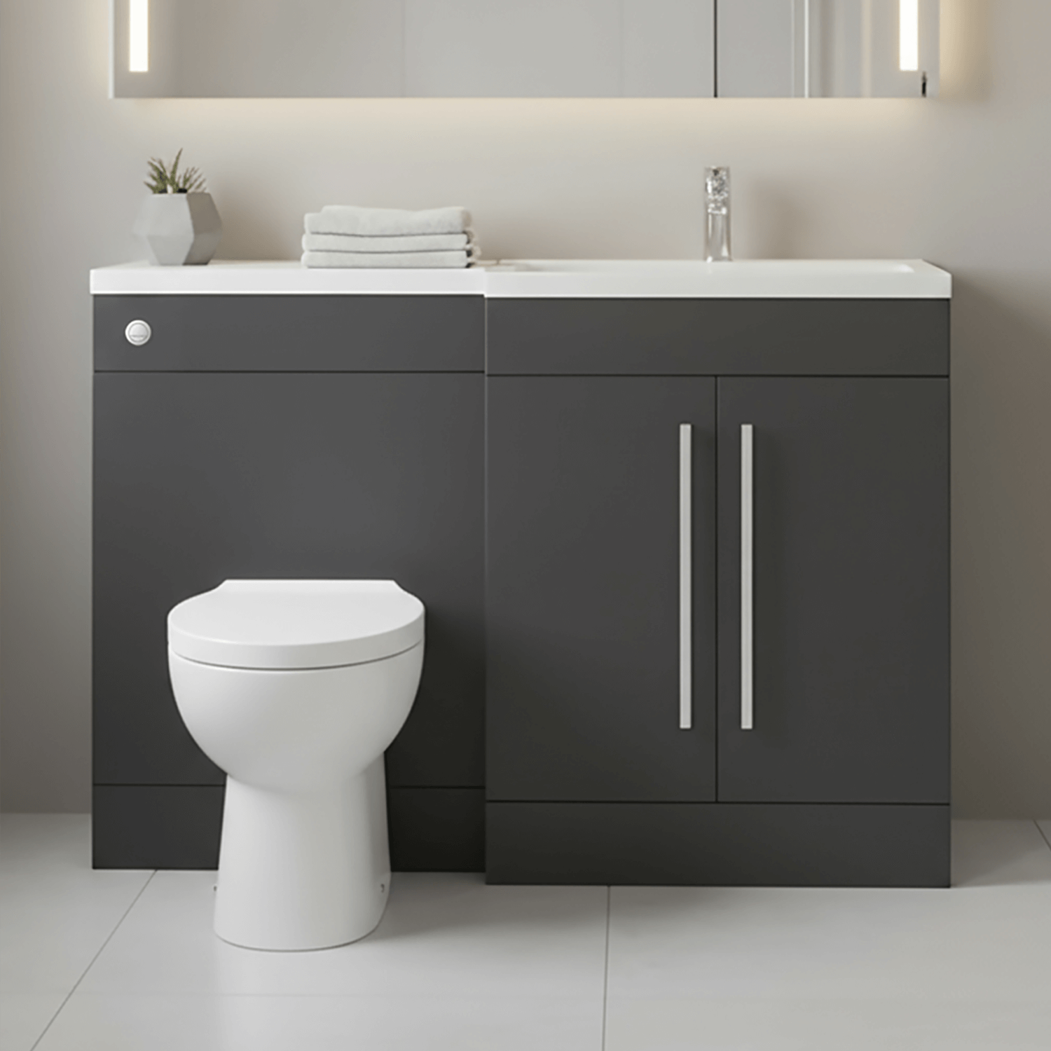 Matt Grey (RH) Combination Basin WC  Unit & Bilo BTW Toilet 1100mm Chrome Handles