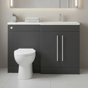 Matt Grey (RH) Combination Basin WC  Unit & Bilo BTW Toilet 1100mm Chrome Handles