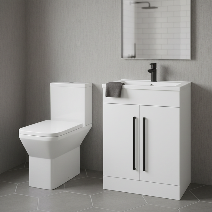 Elite Close Coupled Toilet & 600mm White Vanity Black Handles
