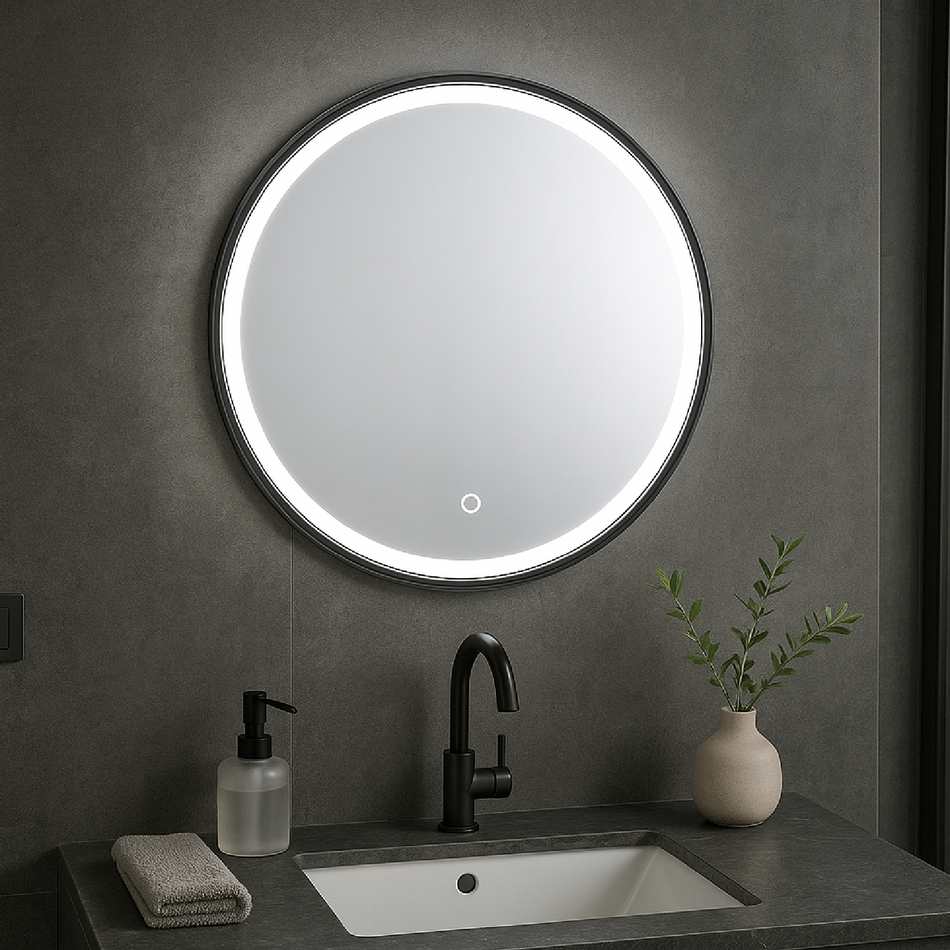 Round LED Bathroom Mirror 60cm – Black Frame