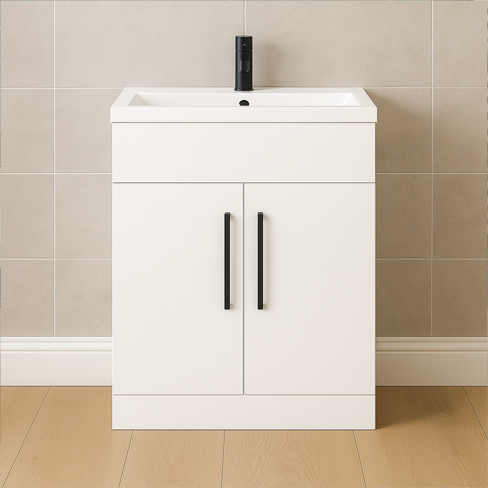500mm Gloss White Floor Standing Vanity  - Matt Black Handles