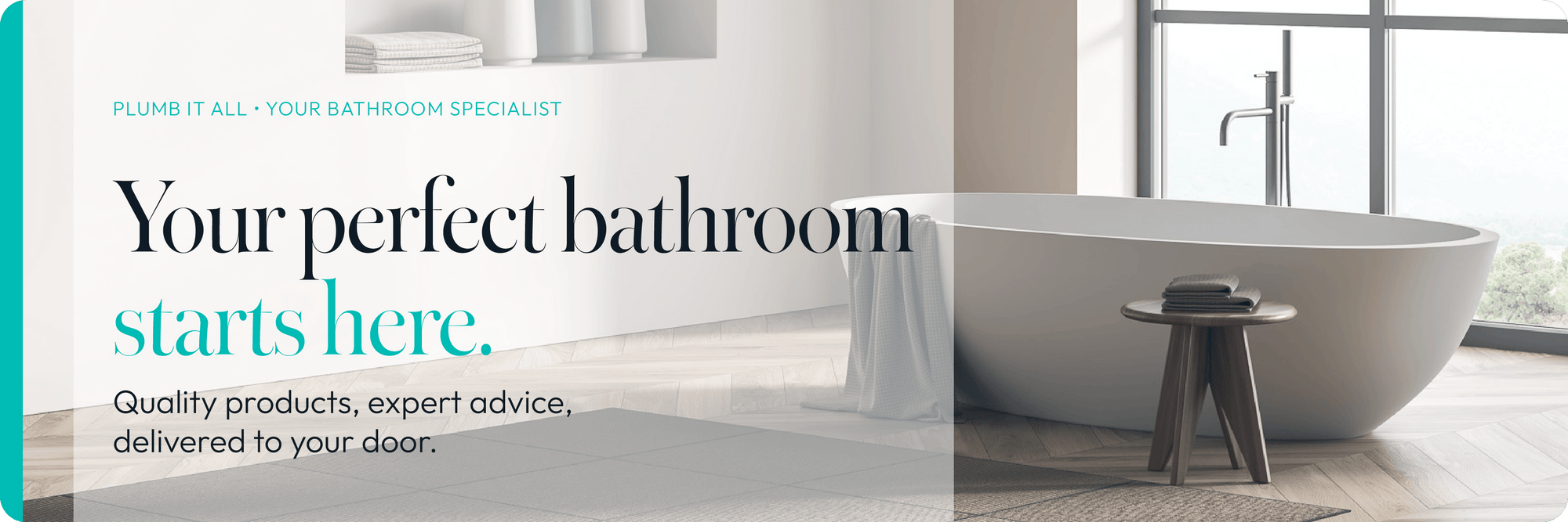 Website banner for a bathroom specialist with a modern bathroom setting and text about quality products and expert advice.
