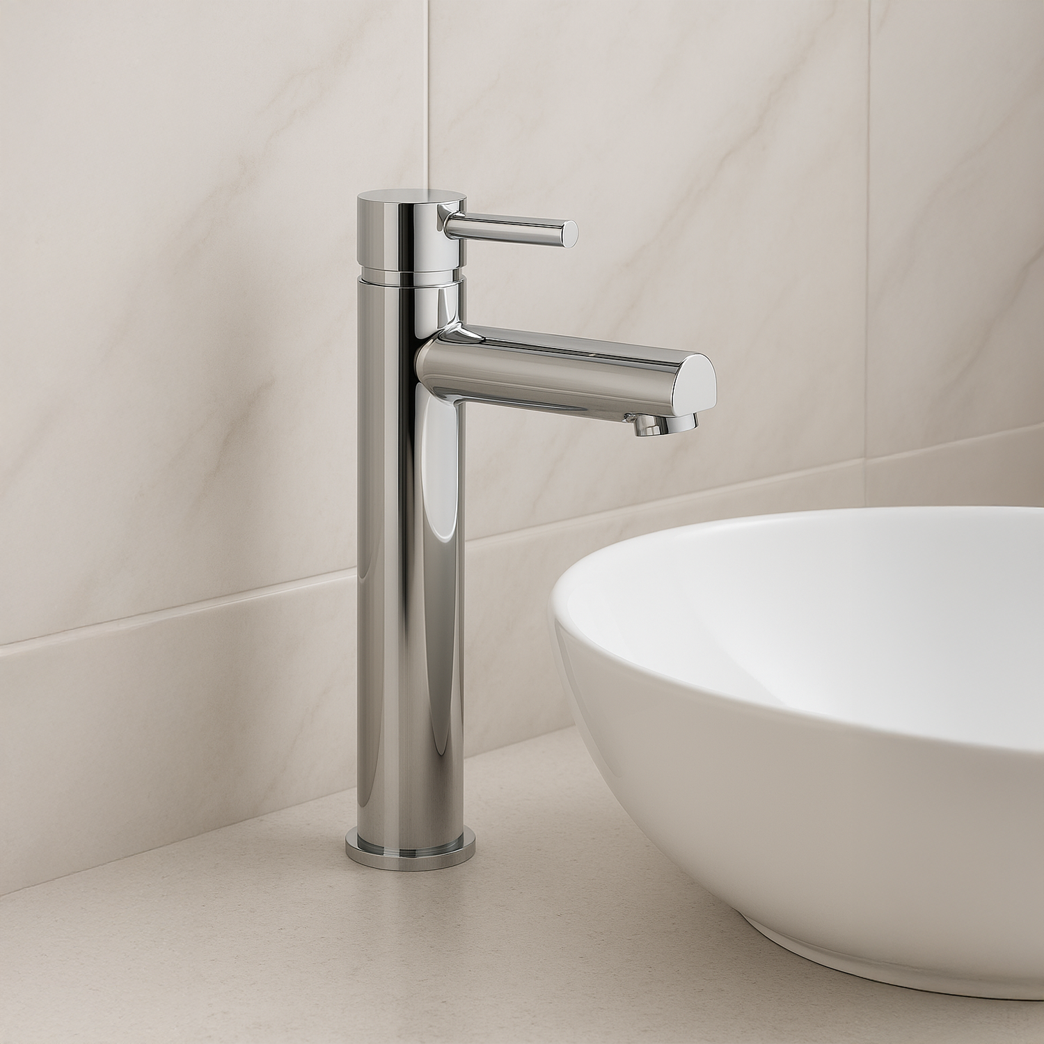 Chrome faucet mounted on a tiled wall with a white sink.