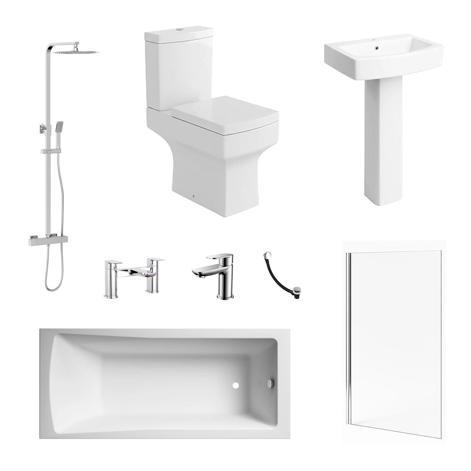 Zyon Bathroom Suite 1500mm Bathtub Chrome Shower Screen Toilet Pedestal Taps