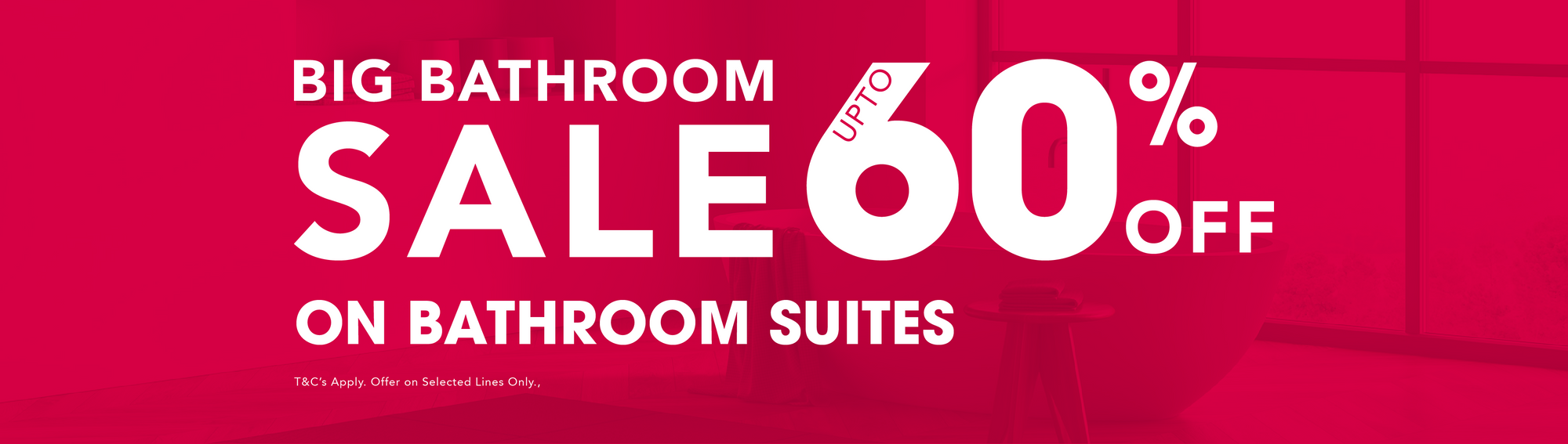 Promotional banner for a big bathroom sale with 60% off on bathroom suites on a red background.