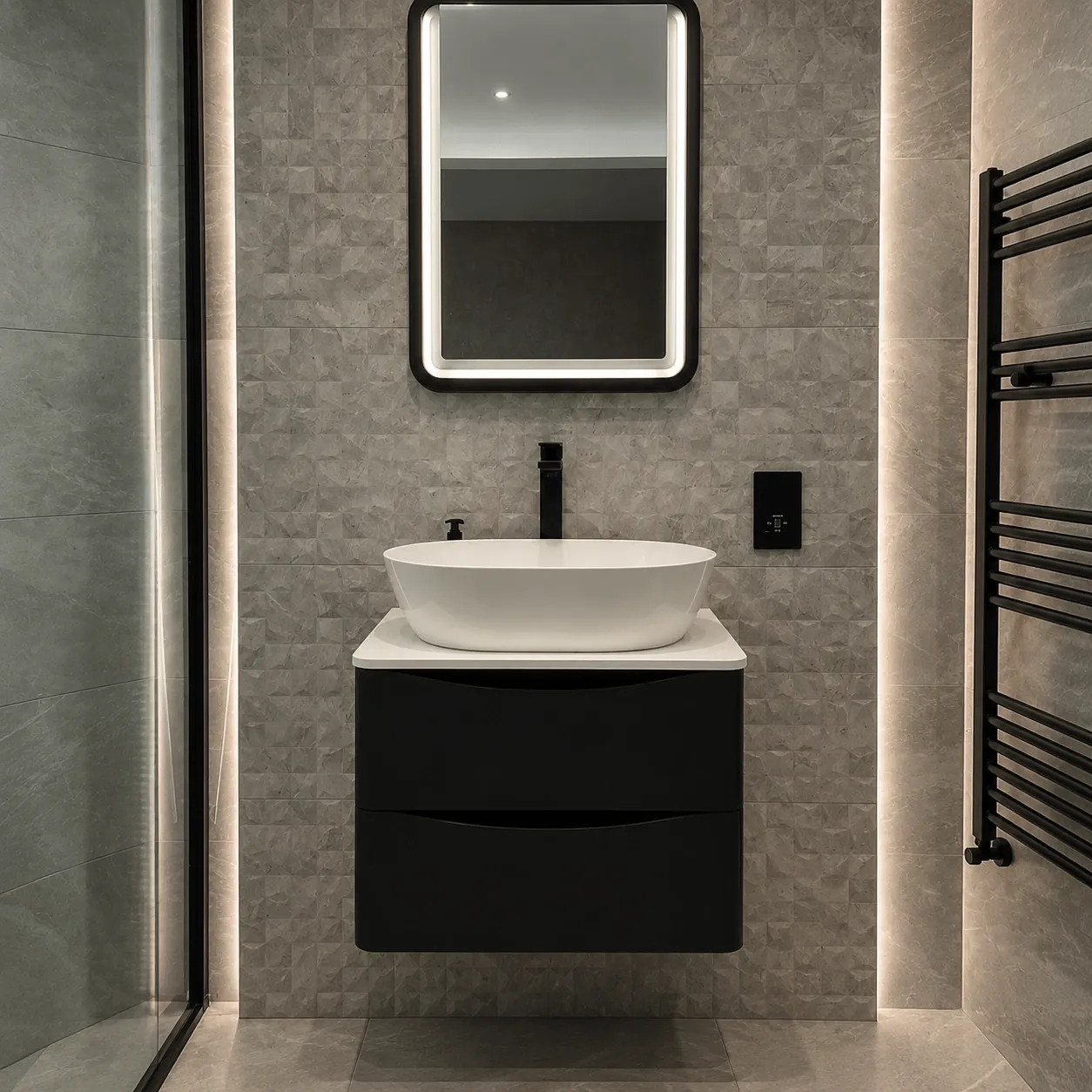 Wall-mounted black vanity with an oval basin and illuminated rectangular mirror