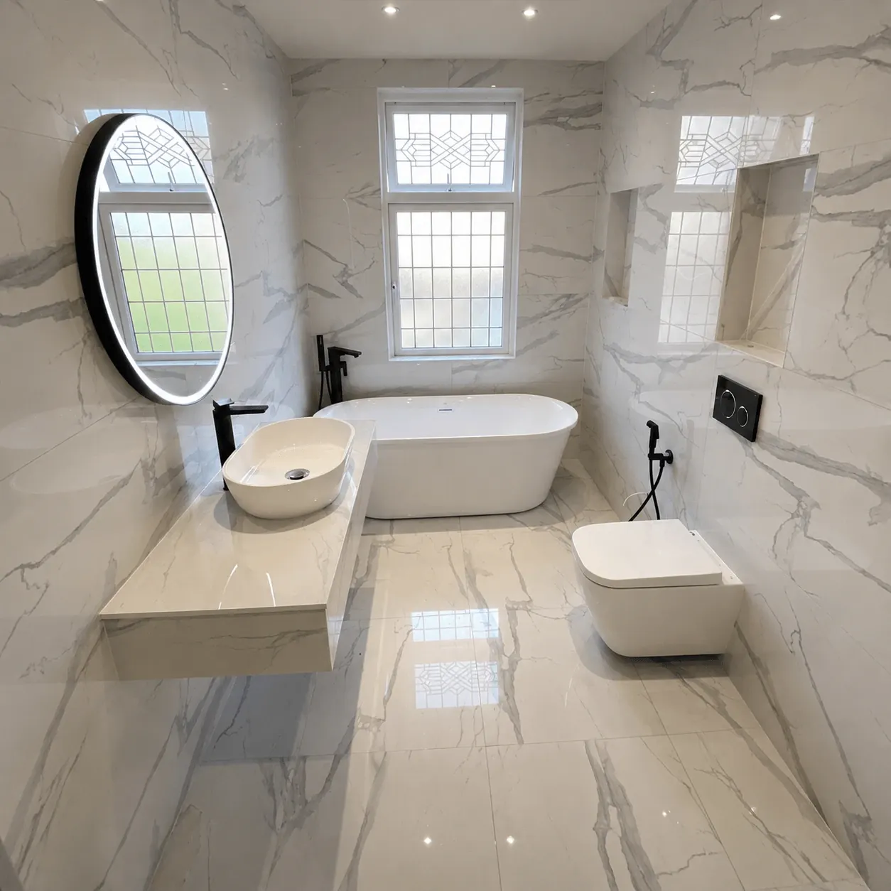Marble-effect bathroom with a freestanding bath, floating vanity and wall-hung toilet