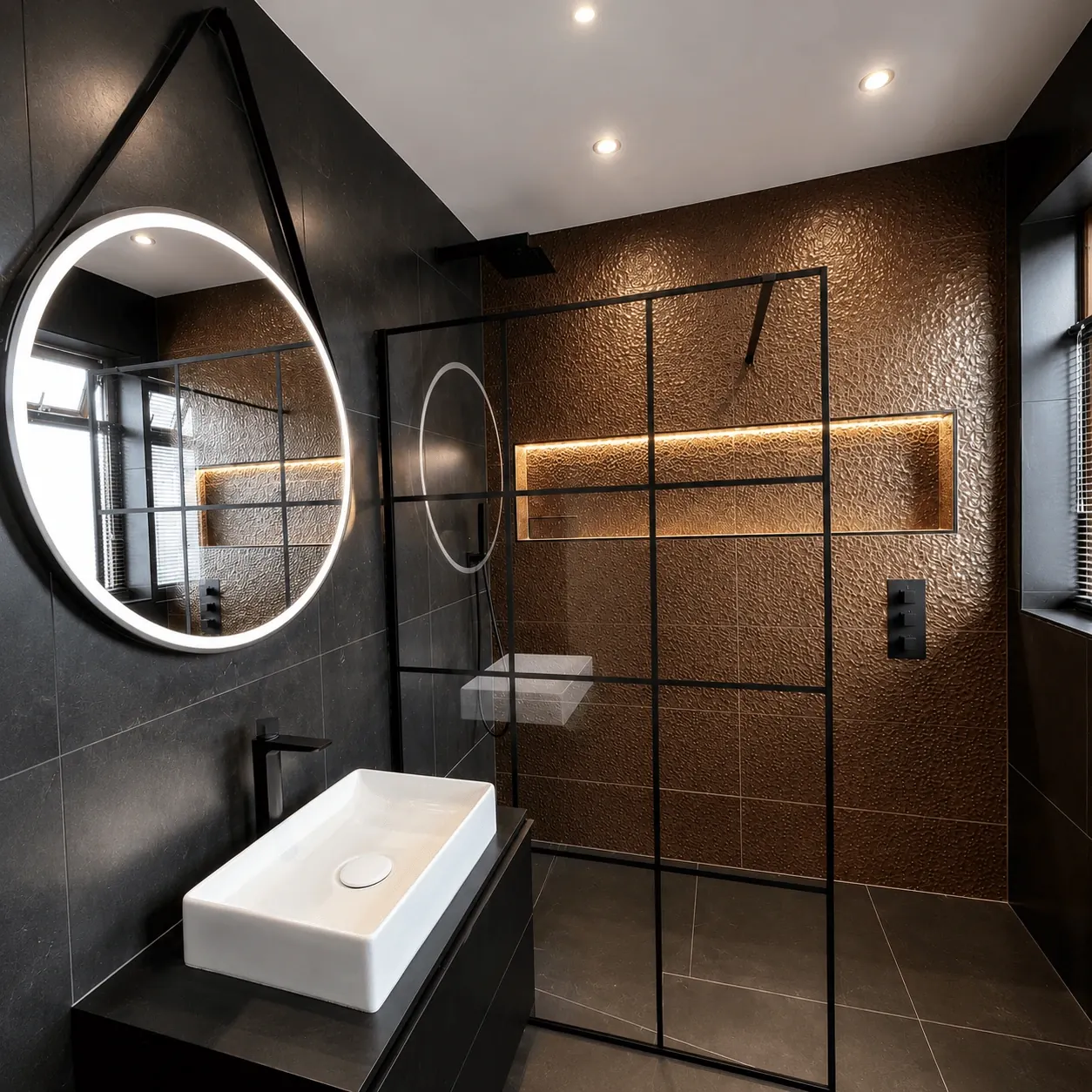 Dark bathroom with a copper-coloured feature wall and black-framed shower screen