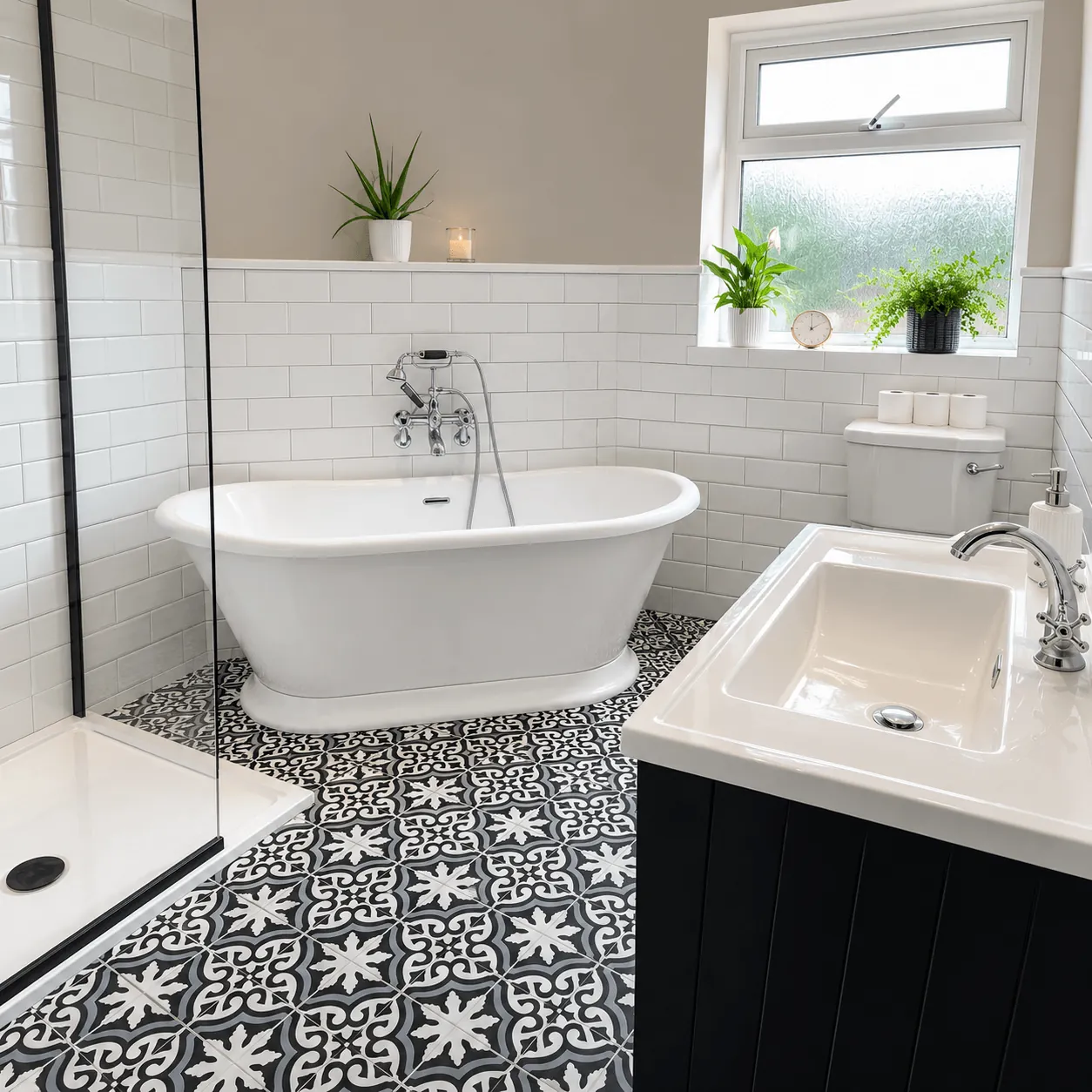 Traditional bathroom with a freestanding bath and black-and-white patterned floor