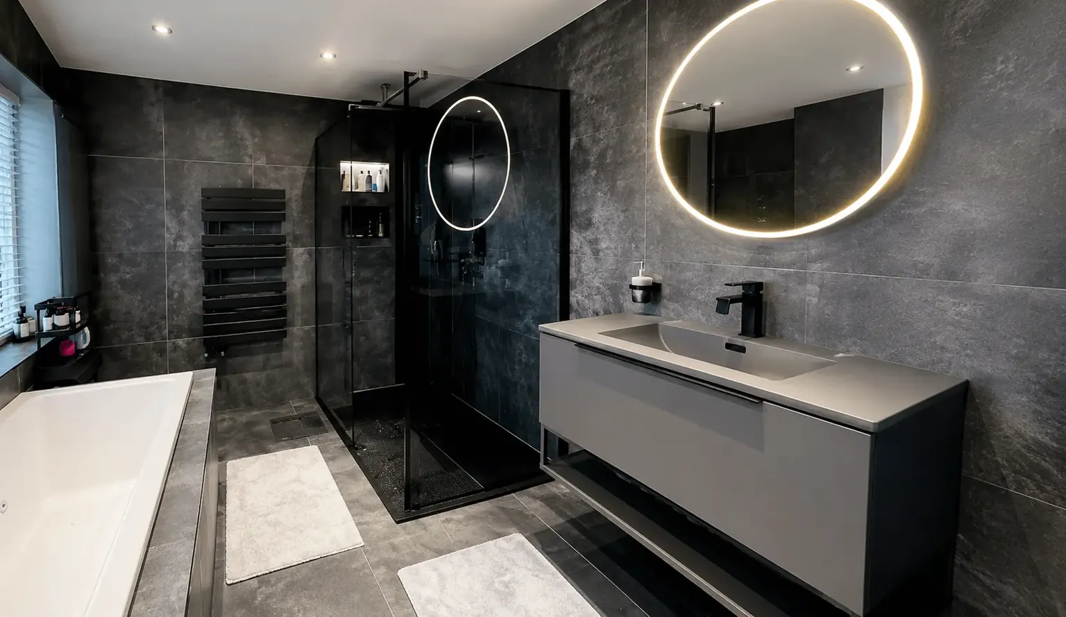 Dark tiled bathroom with a walk-in shower, floating vanity and round illuminated mirror