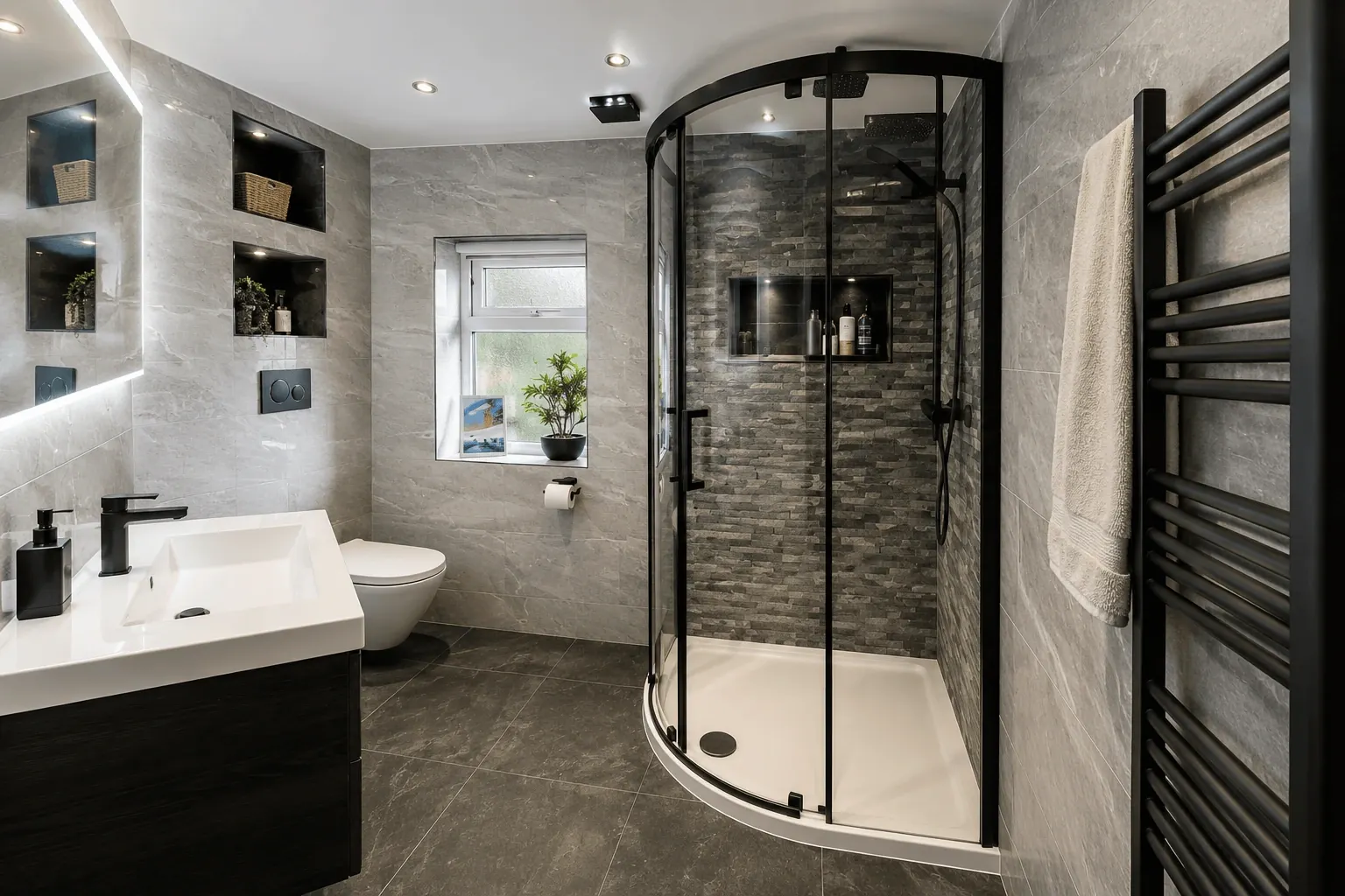 Bathroom with a curved black-framed shower enclosure and recessed shelves