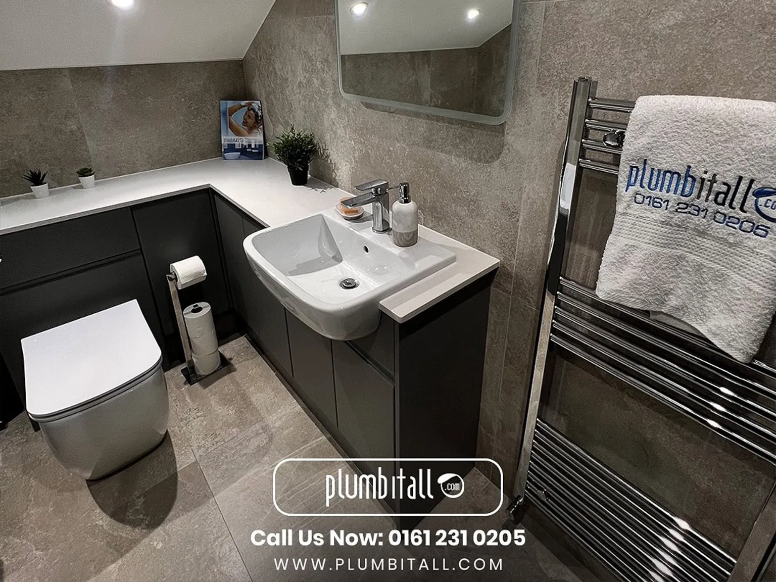 Family bathroom with fitted vanity storage, toilet and chrome towel rail