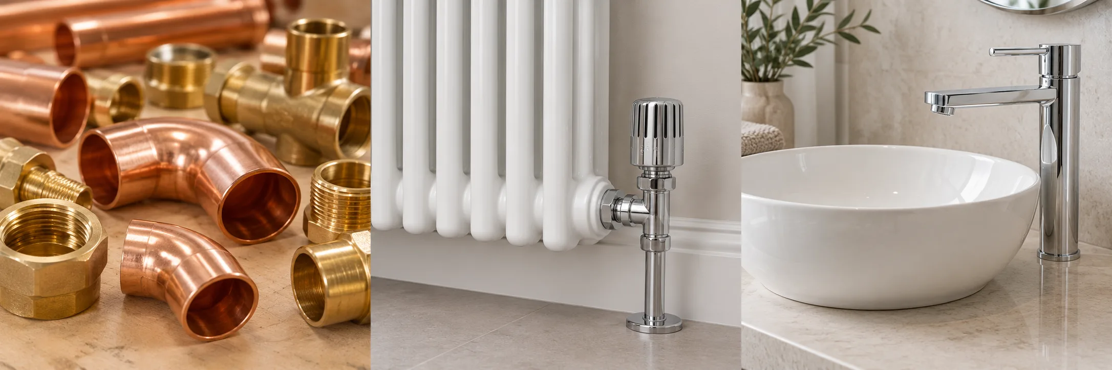 Copper plumbing fittings, a radiator valve and a bathroom basin with chrome tap