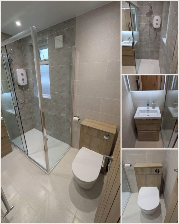 Swipe to see more ➡️ Proof that a smaller shower room can still feel special. Warm wood-effect units sit against calm grey stone-effect tile…